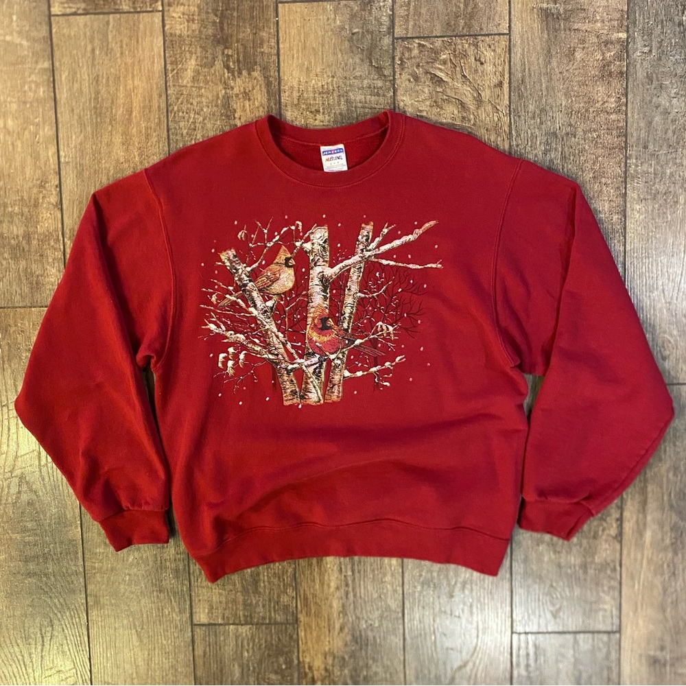 vintage cardinals on snowy branches crewneck red